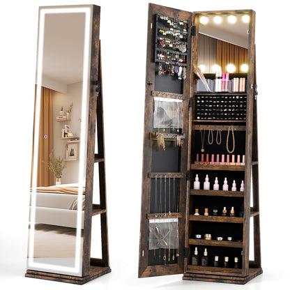 360° Swivel Freestanding Jewelry Cabinet, Lighted Full Length Mirror, Rustic Brown
