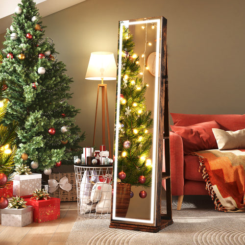 360° Swivel Freestanding Jewelry Cabinet, Lighted Full Length Mirror, Rustic Brown