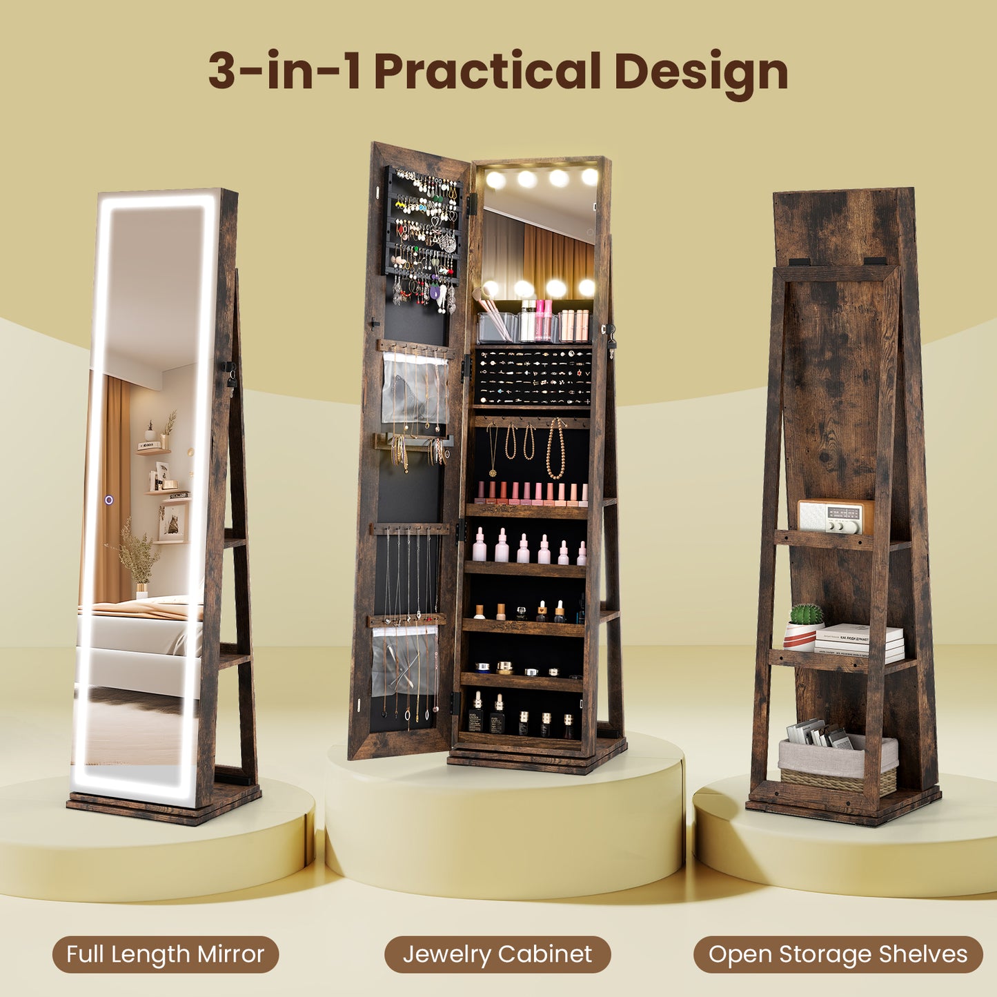 360° Swivel Freestanding Jewelry Cabinet, Lighted Full Length Mirror, Rustic Brown