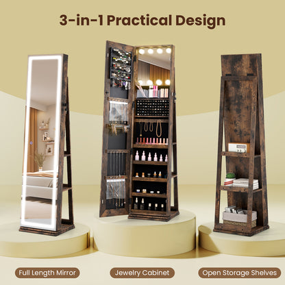 360° Swivel Freestanding Jewelry Cabinet, Lighted Full Length Mirror, Rustic Brown