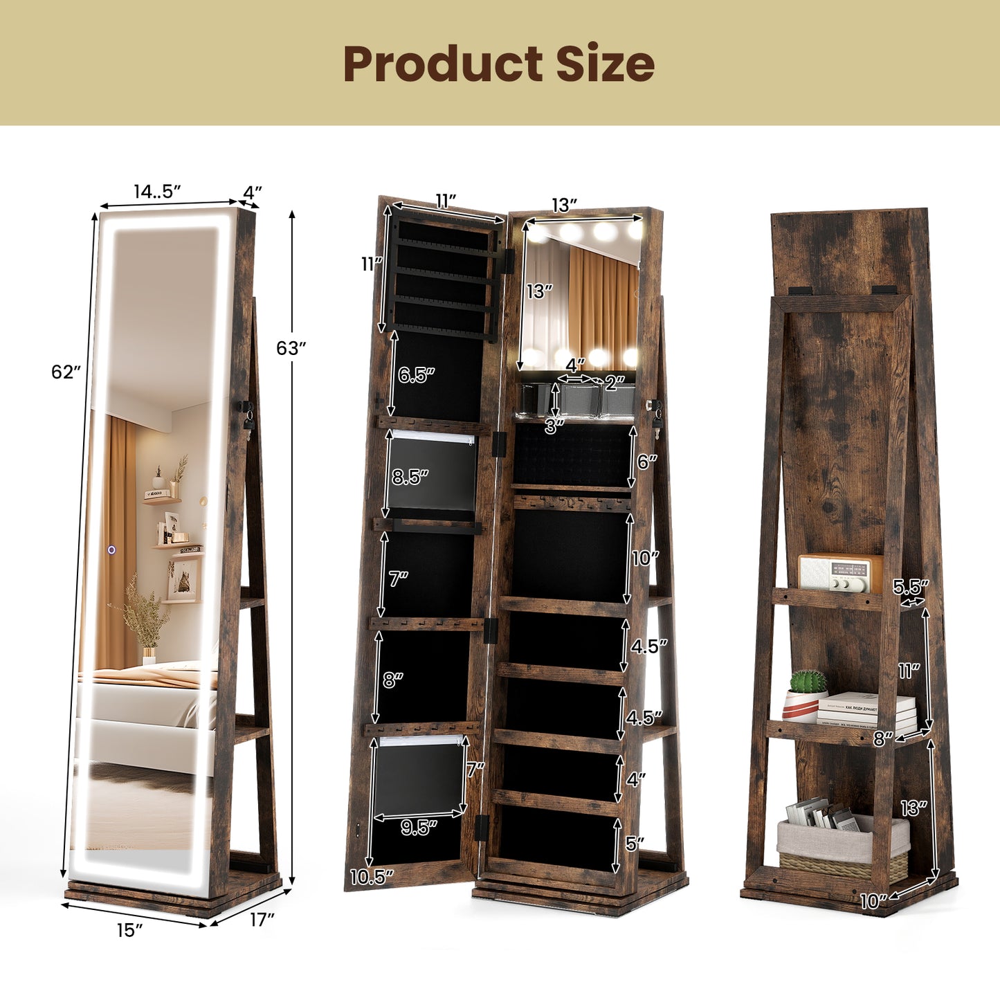360° Swivel Freestanding Jewelry Cabinet, Lighted Full Length Mirror, Rustic Brown