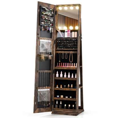 360° Swivel Freestanding Jewelry Cabinet, Lighted Full Length Mirror, Rustic Brown
