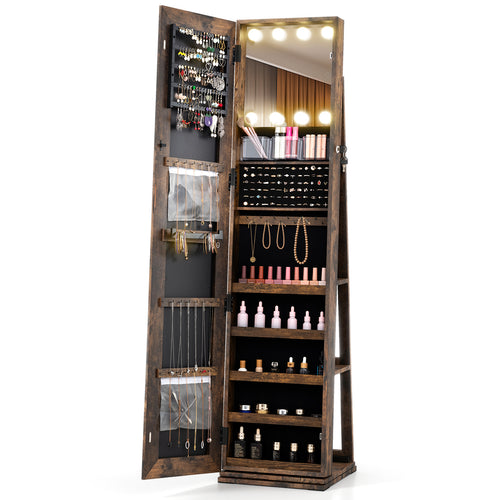 360° Swivel Freestanding Jewelry Cabinet, Lighted Full Length Mirror, Rustic Brown