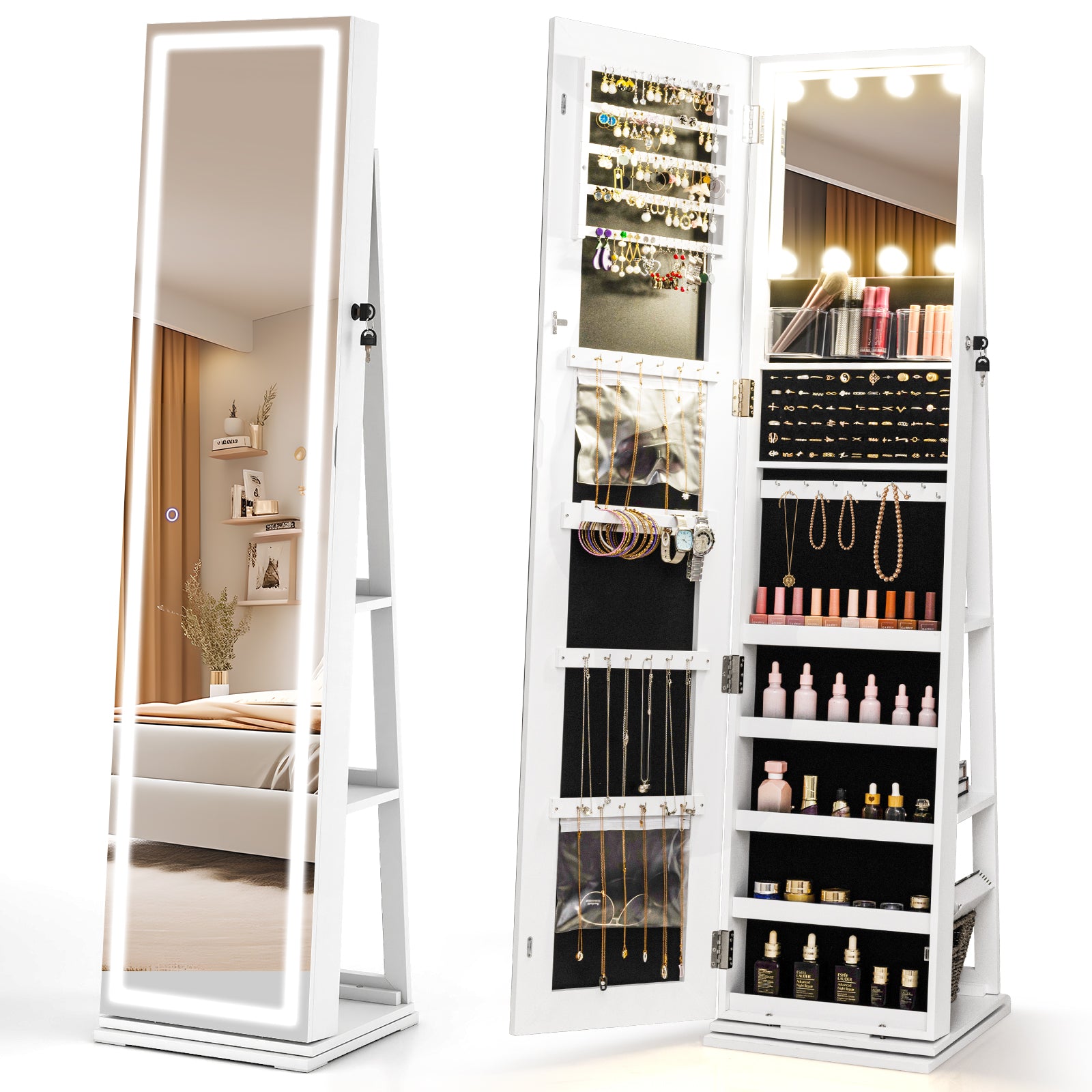 360° Swivel Jewelry Cabinet, With Lighted Full Length Mirror, White Jewelry Armoires at Gallery Canada