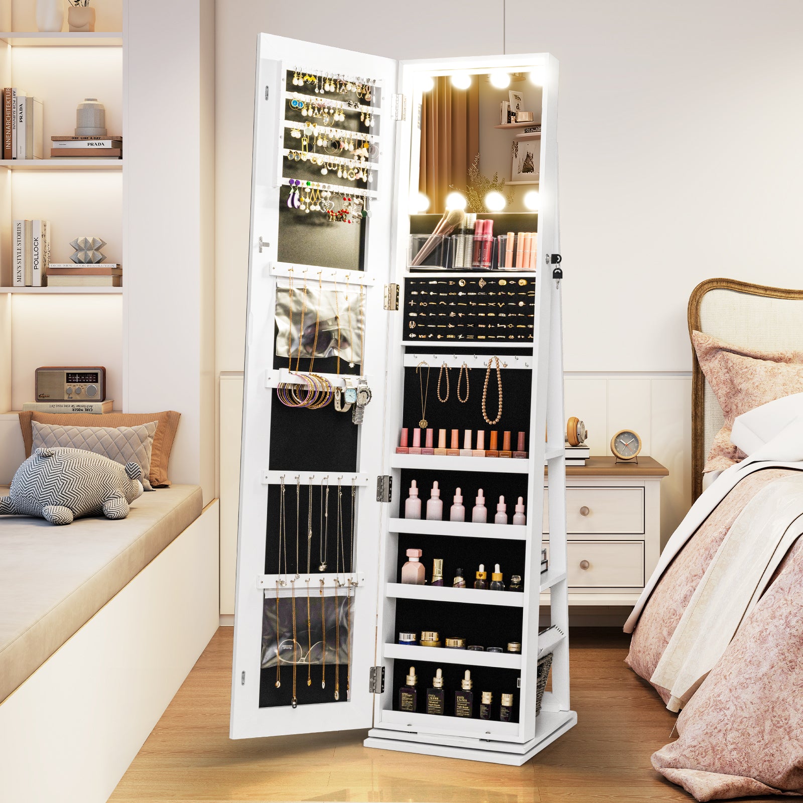 360° Swivel Jewelry Cabinet, With Lighted Full Length Mirror, White Jewelry Armoires at Gallery Canada