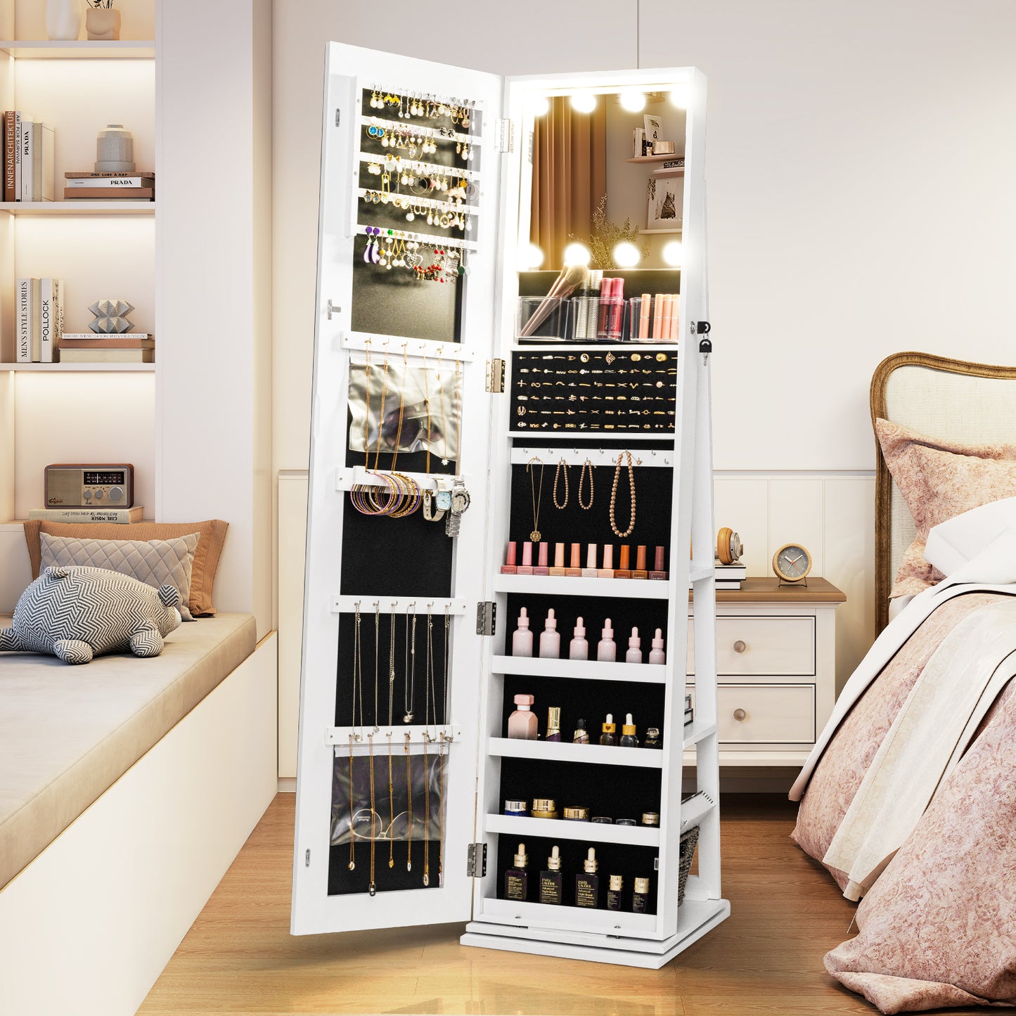 360° Swivel Jewelry Cabinet, With Lighted Full Length Mirror, White Jewelry Armoires at Gallery Canada