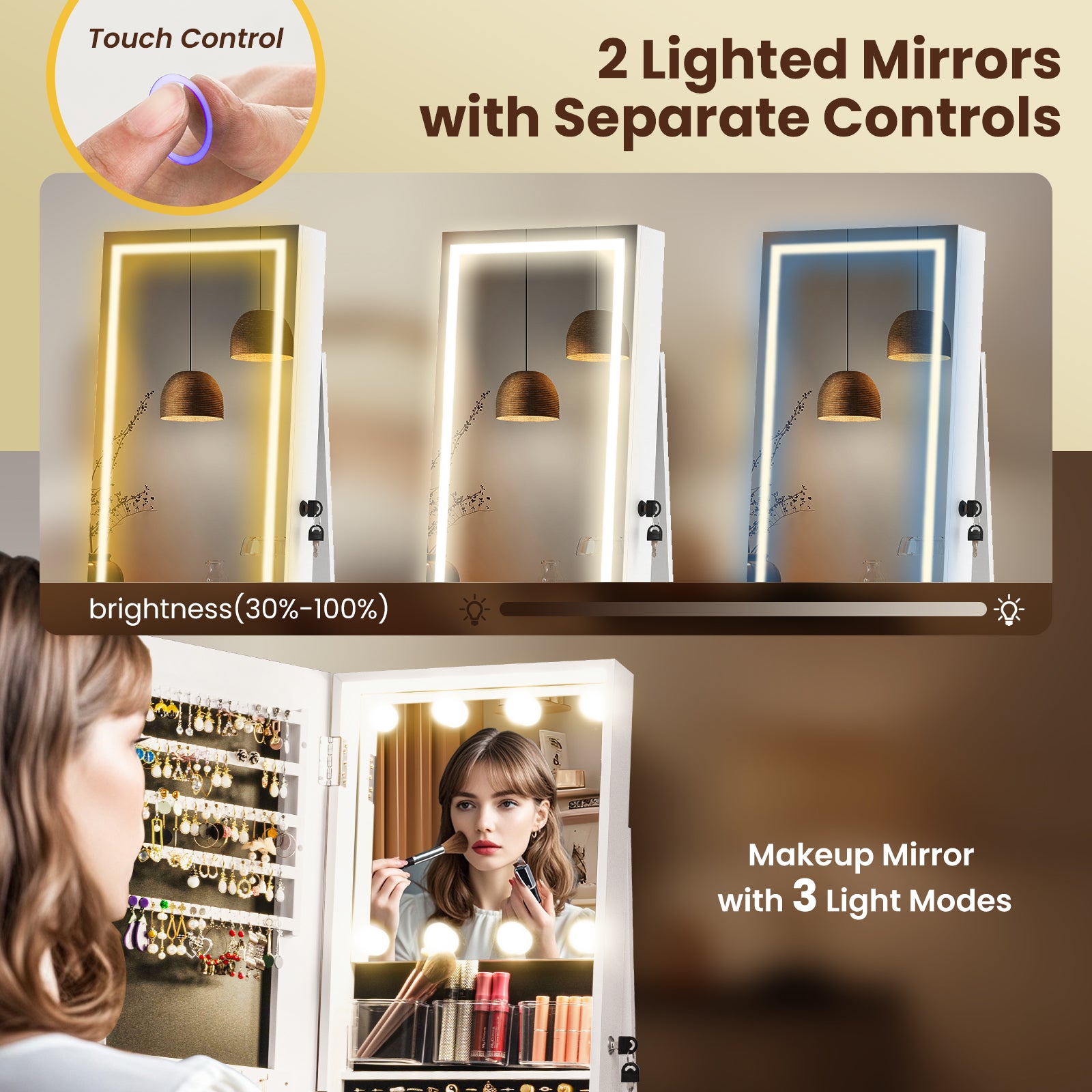 360° Swivel Jewelry Cabinet, With Lighted Full Length Mirror, White Jewelry Armoires at Gallery Canada