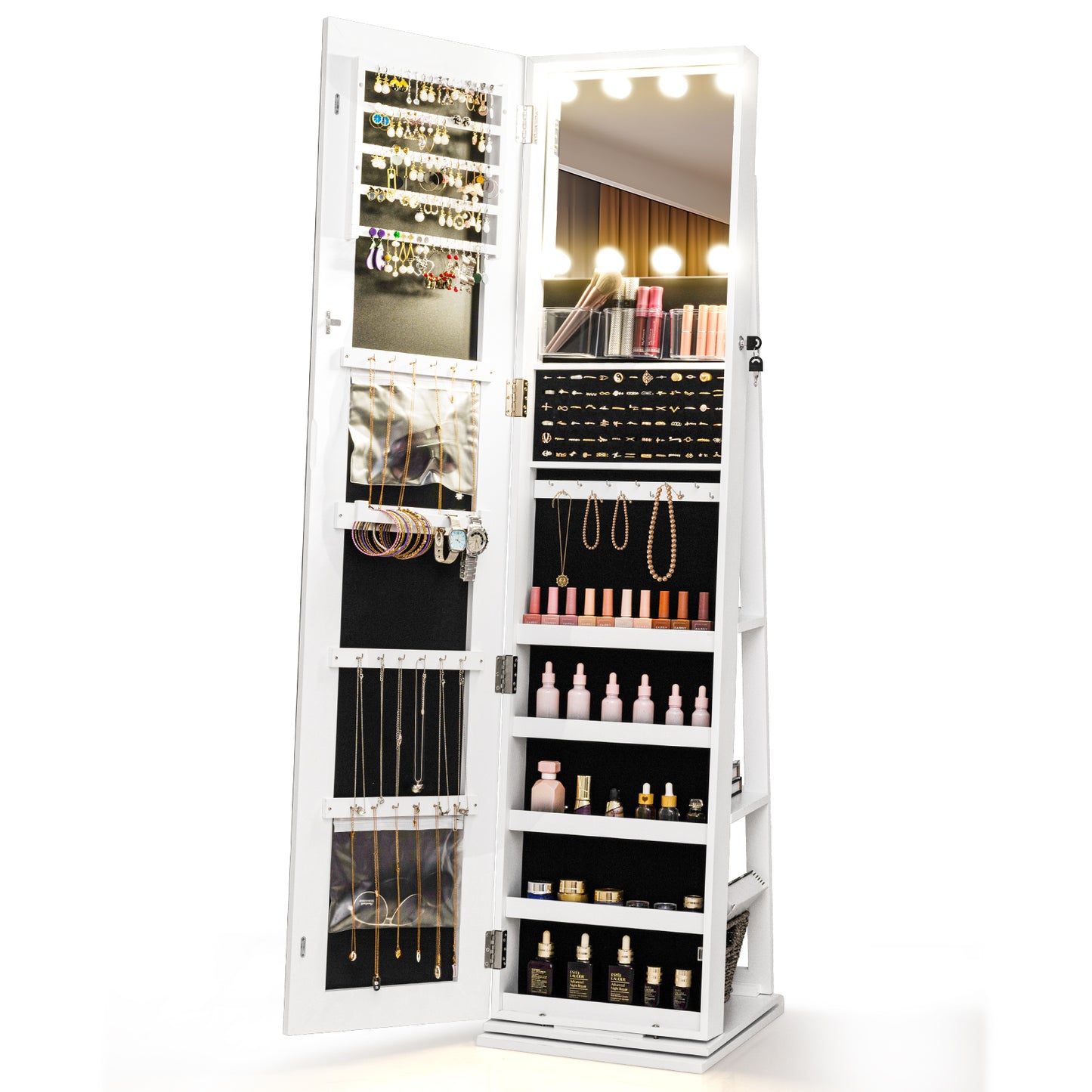 360° Swivel Jewelry Cabinet, With Lighted Full Length Mirror, White Jewelry Armoires White at Gallery Canada