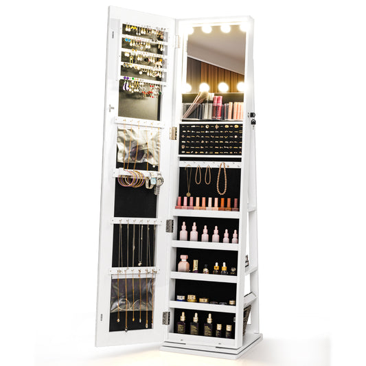360° Swivel Jewelry Cabinet, With Lighted Full Length Mirror, White Jewelry Armoires White at Gallery Canada