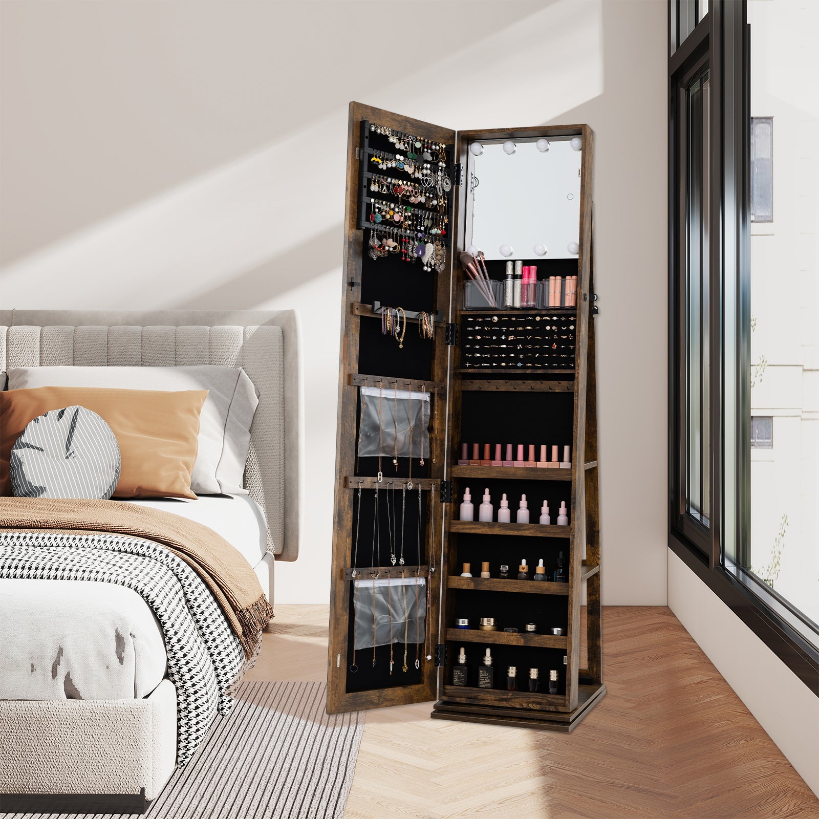 360° Swivel Jewelry Cabinet with Full Length Mirror, Rustic Brown Jewelry Armoires at Gallery Canada