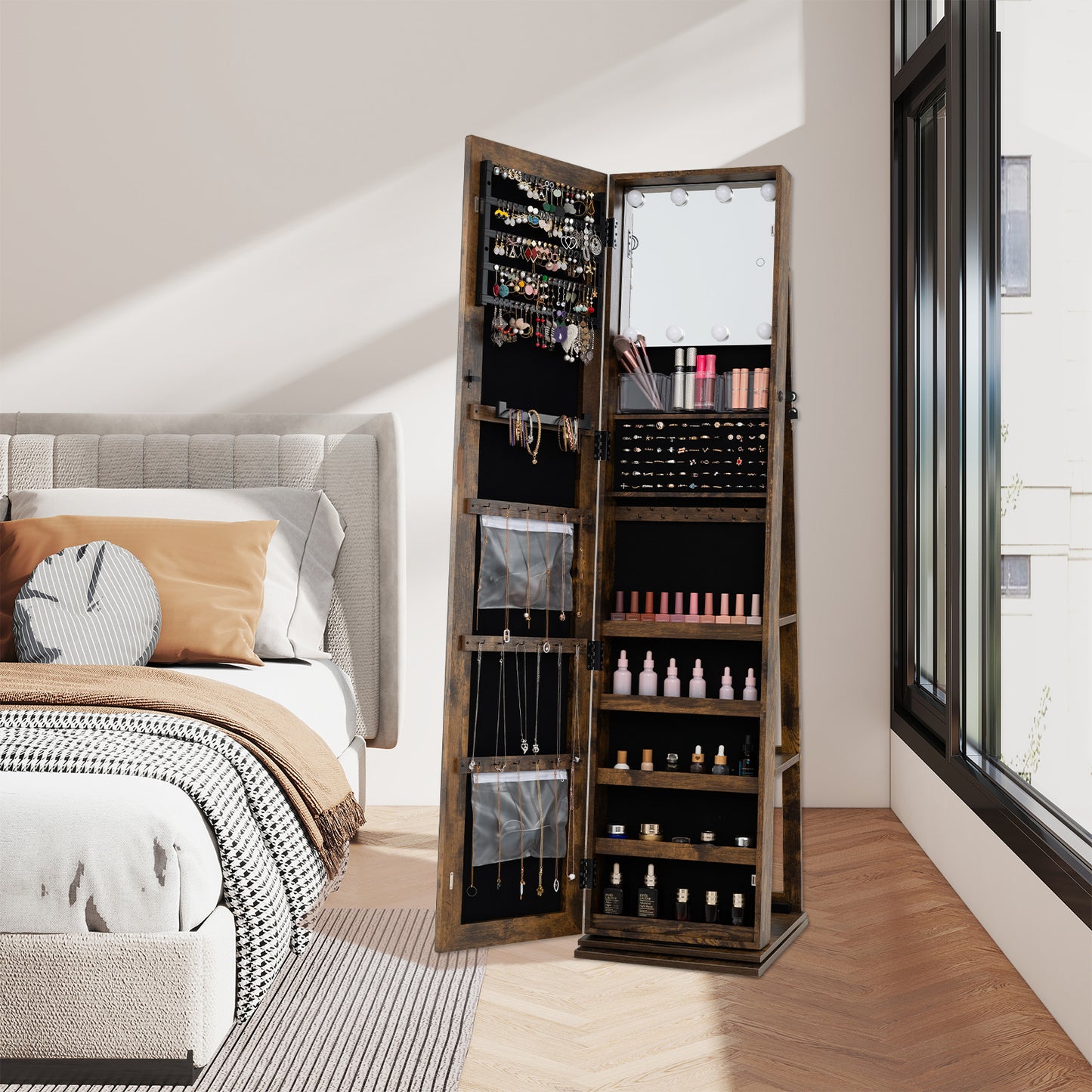 360° Swivel Jewelry Cabinet with Full Length Mirror, Rustic Brown Jewelry Armoires at Gallery Canada