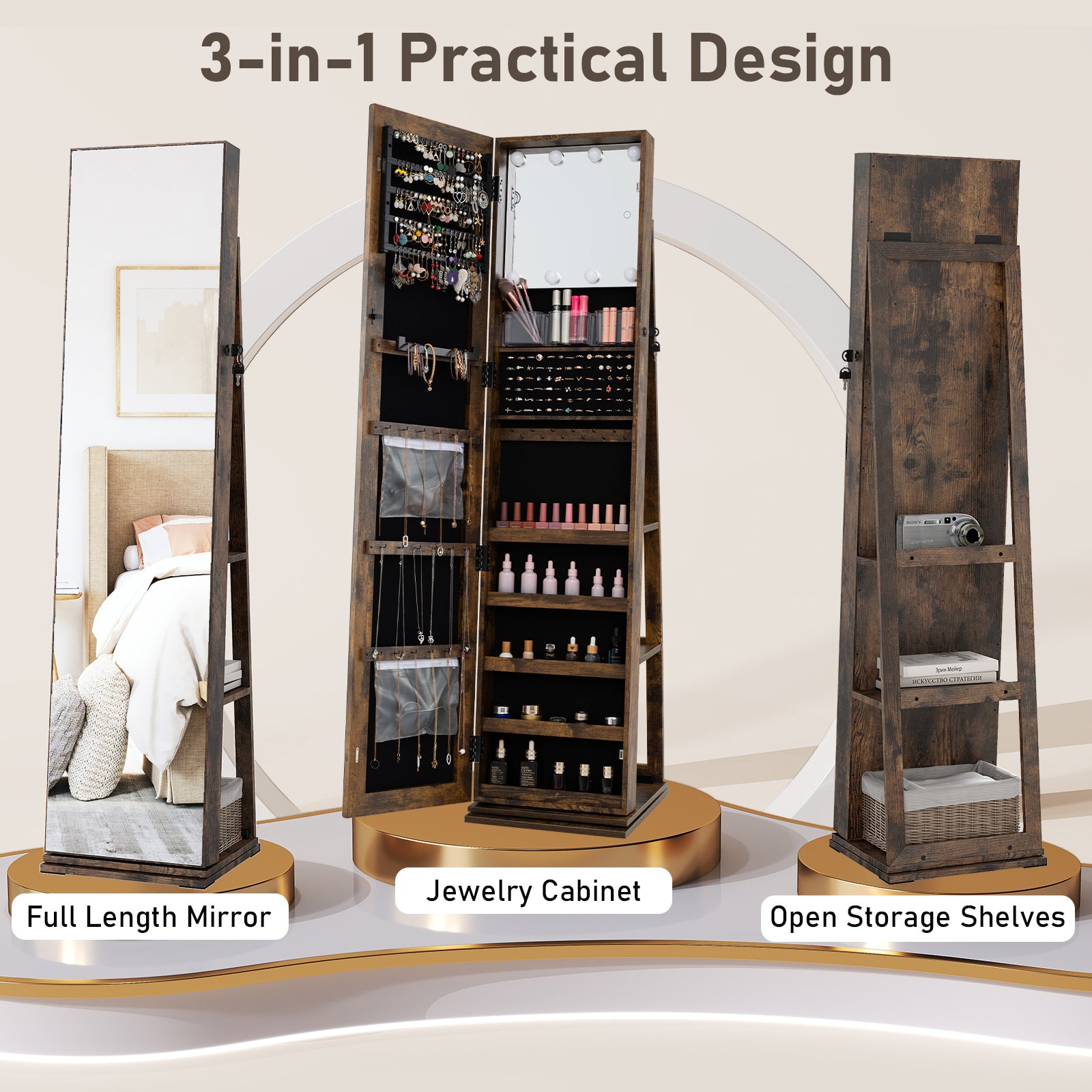 360° Swivel Jewelry Cabinet with Full Length Mirror, Rustic Brown Jewelry Armoires at Gallery Canada