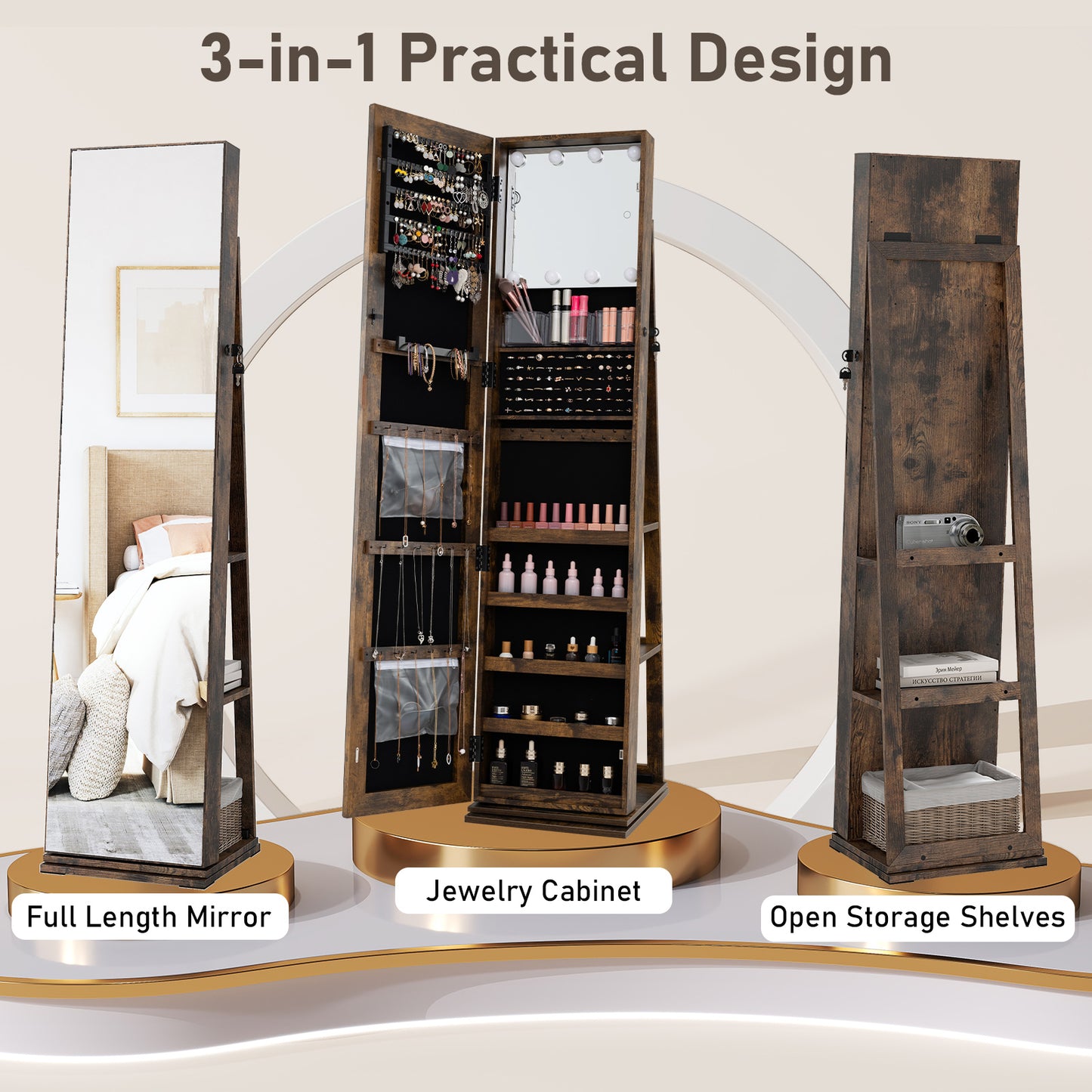 360° Swivel Jewelry Cabinet with Full Length Mirror, Rustic Brown Jewelry Armoires at Gallery Canada