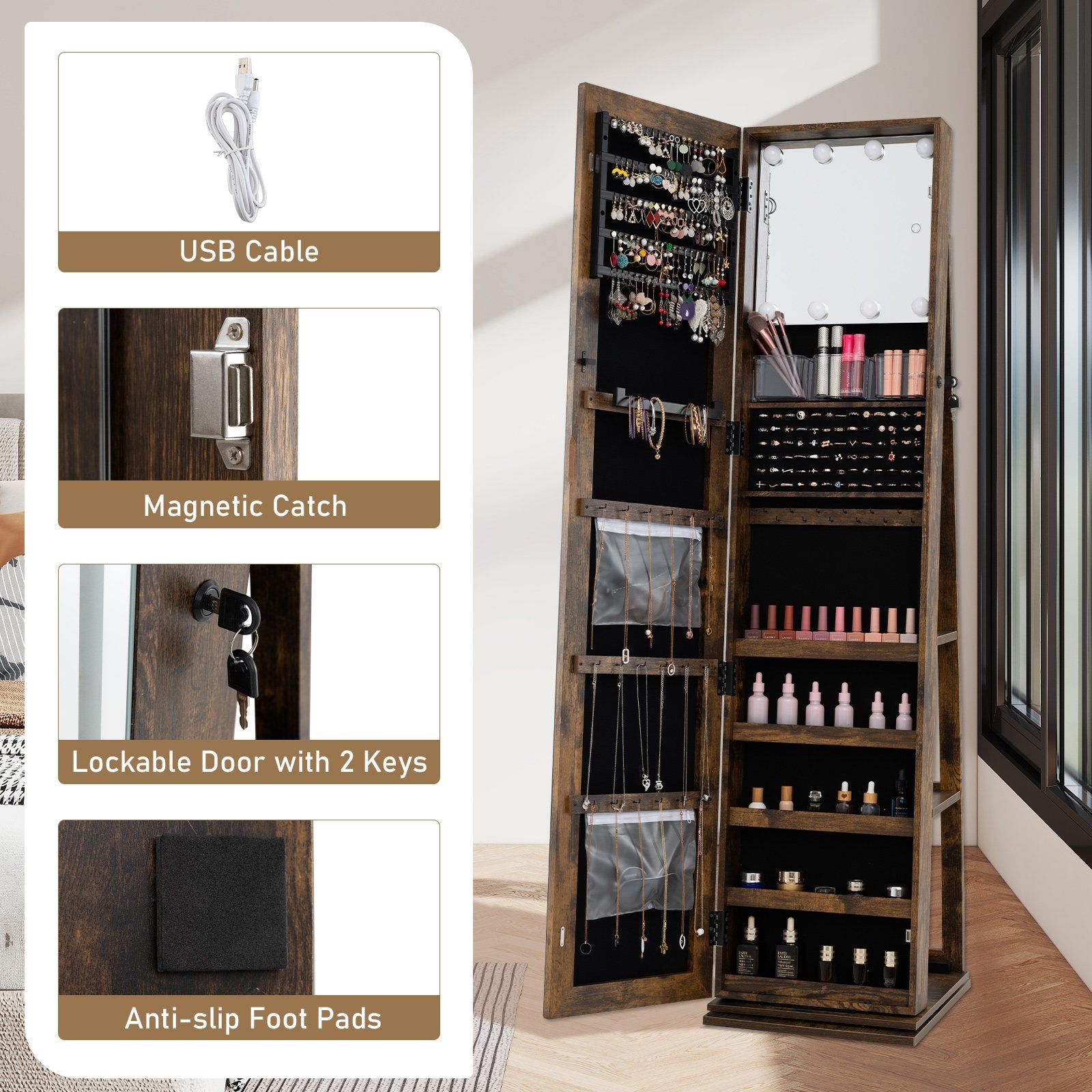 360° Swivel Jewelry Cabinet with Full Length Mirror, Rustic Brown Jewelry Armoires at Gallery Canada
