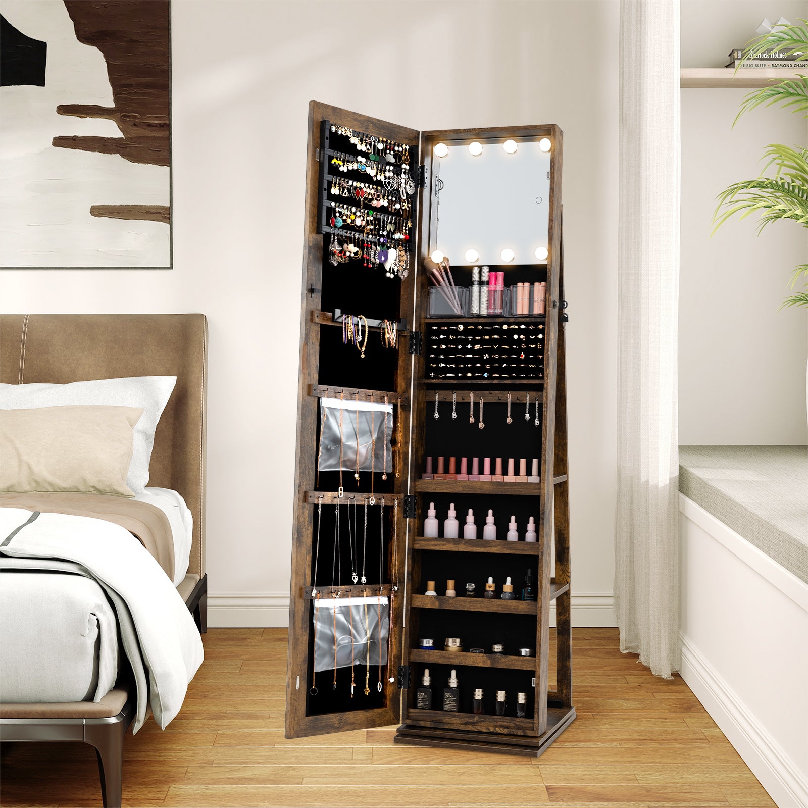 360° Swivel Jewelry Cabinet With Full Length Mirror, Rustic Brown Jewelry Armoires at Gallery Canada