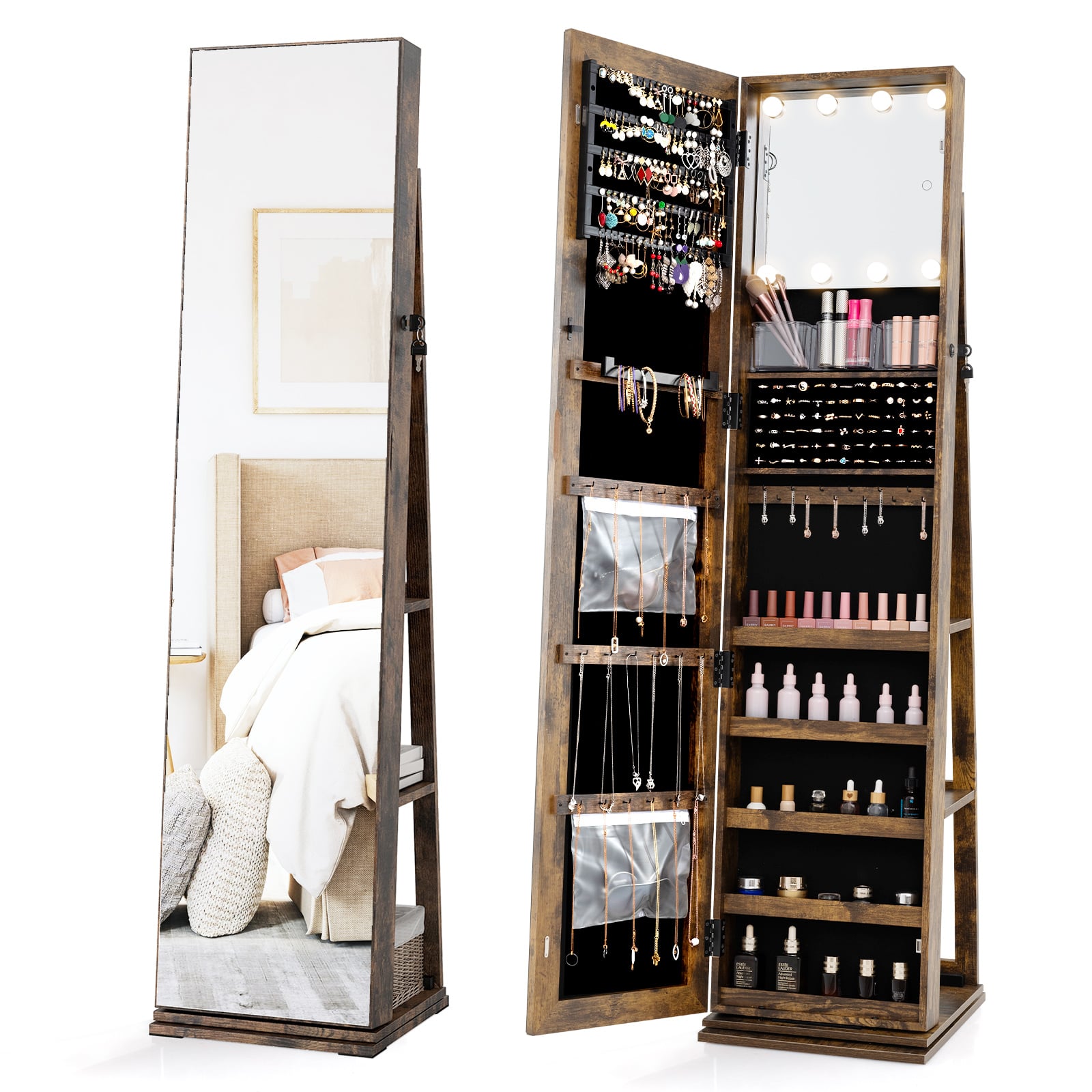 360° Swivel Jewelry Cabinet With Full Length Mirror, Rustic Brown Jewelry Armoires at Gallery Canada