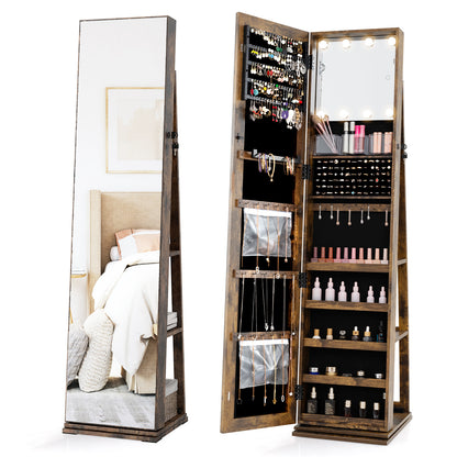 360° Swivel Jewelry Cabinet With Full Length Mirror, Rustic Brown