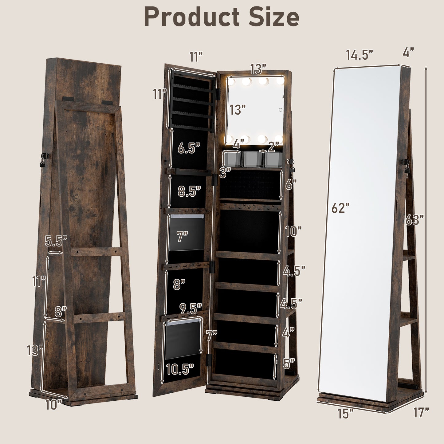 360° Swivel Jewelry Cabinet With Full Length Mirror, Rustic Brown Jewelry Armoires at Gallery Canada