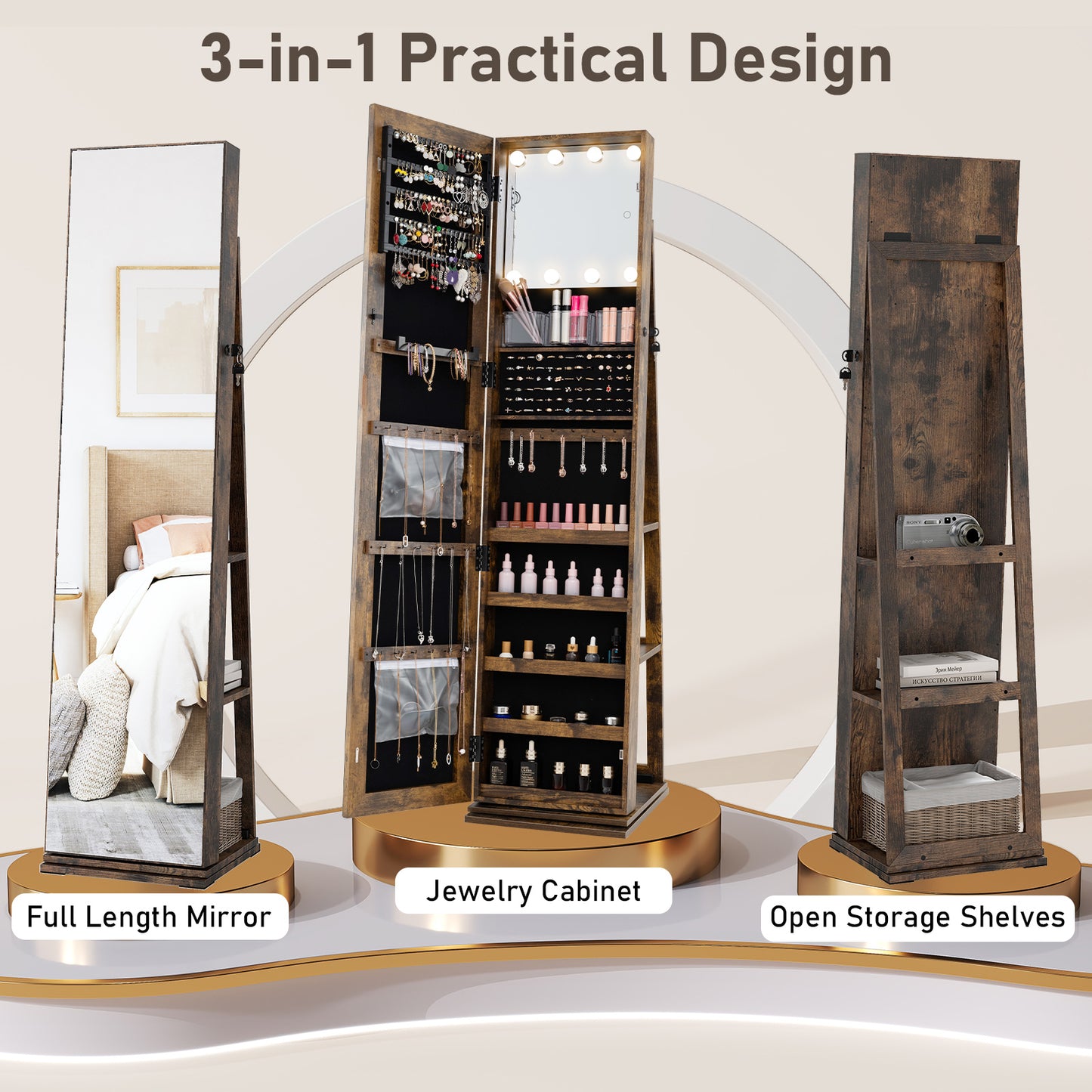 360° Swivel Jewelry Cabinet With Full Length Mirror, Rustic Brown Jewelry Armoires at Gallery Canada