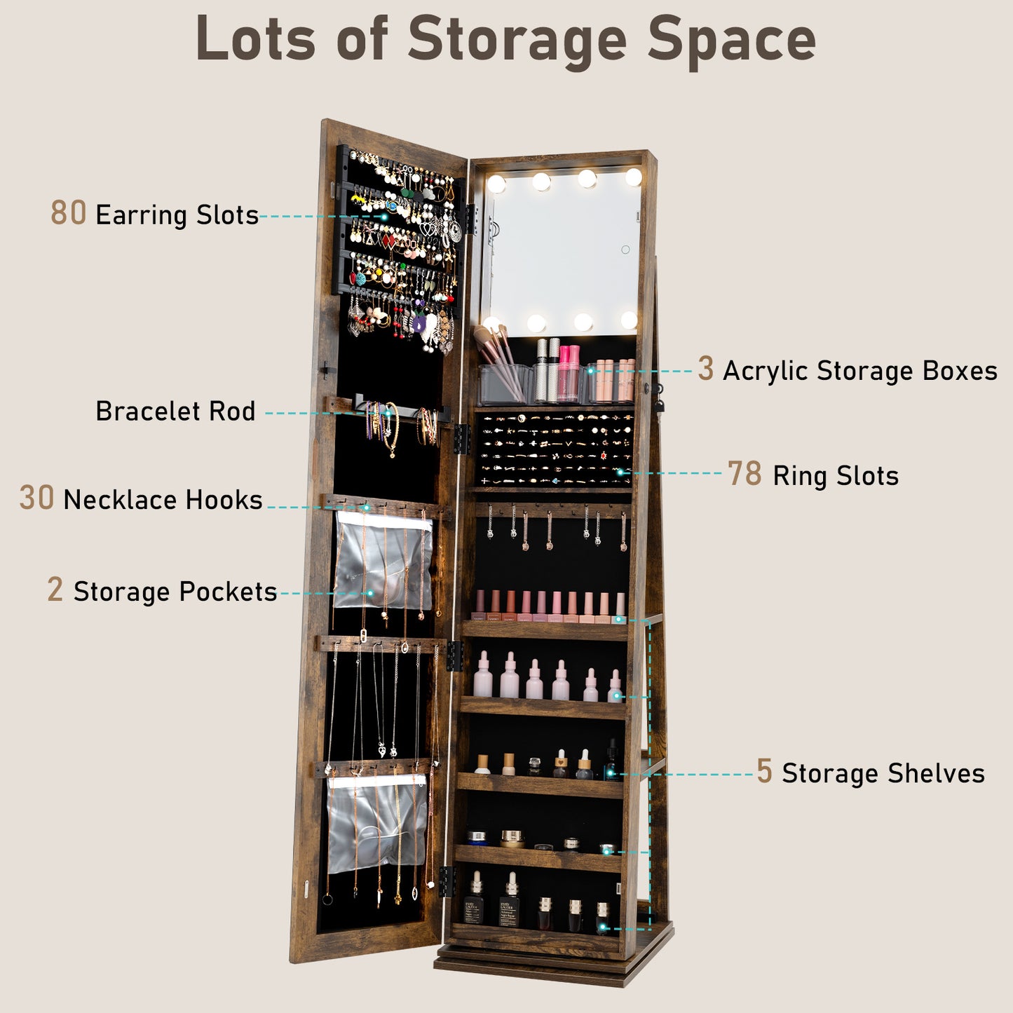 360° Swivel Jewelry Cabinet With Full Length Mirror, Rustic Brown Jewelry Armoires at Gallery Canada