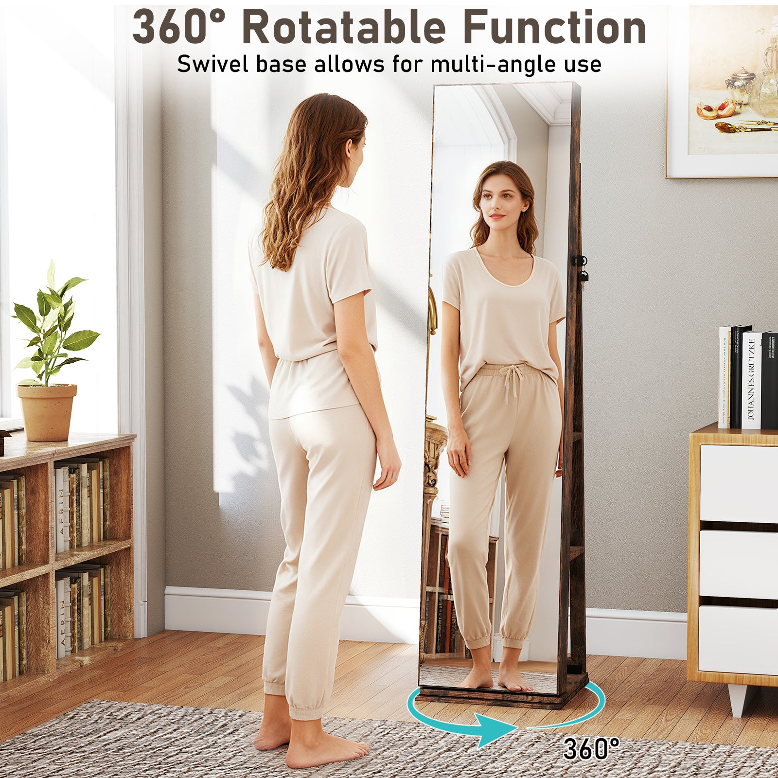360° Swivel Jewelry Cabinet With Full Length Mirror, Rustic Brown Jewelry Armoires at Gallery Canada