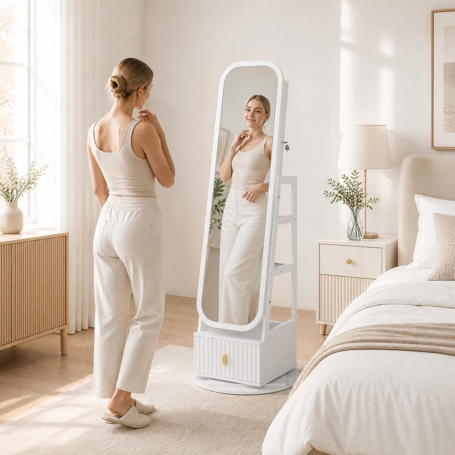 360° Swivel Jewelry Cabinet, Full-Length Mirror, Dual Hooks, White Jewelry Armoires at Gallery Canada