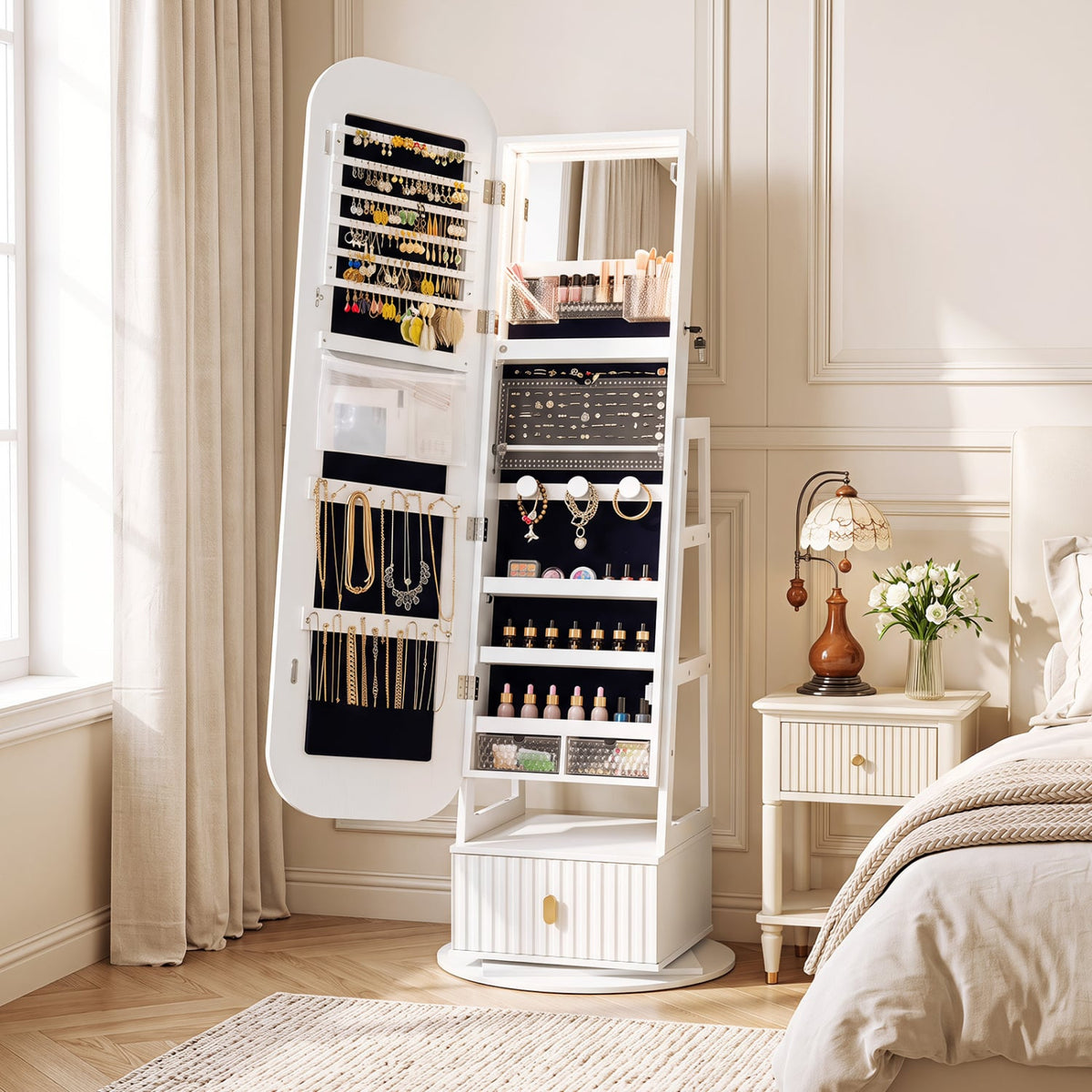 360° Swivel Jewelry Cabinet, Full-Length Mirror, Dual Hooks, White Jewelry Armoires at Gallery Canada