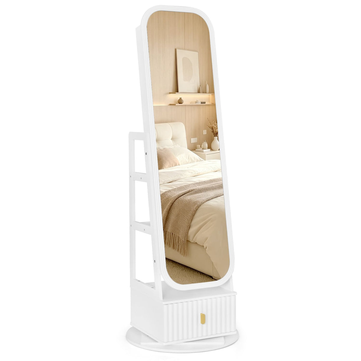 360° Swivel Jewelry Cabinet, Full-Length Mirror, Dual Hooks, White Jewelry Armoires White at Gallery Canada