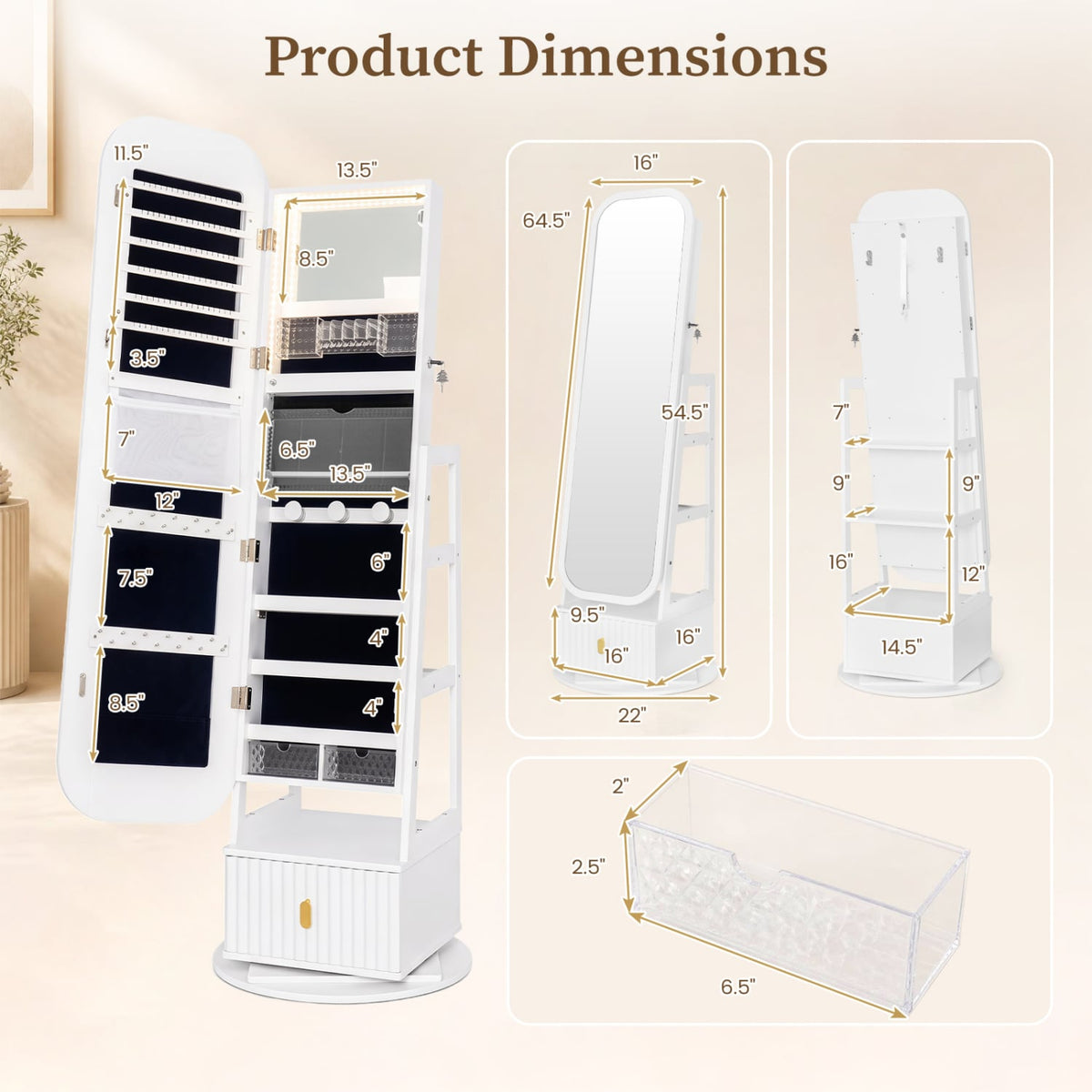 360° Swivel Jewelry Cabinet, Full-Length Mirror, Dual Hooks, White Jewelry Armoires at Gallery Canada