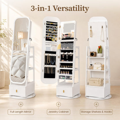 360° Swivel Jewelry Cabinet, Full-Length Mirror, Dual Hooks, White Jewelry Armoires at Gallery Canada