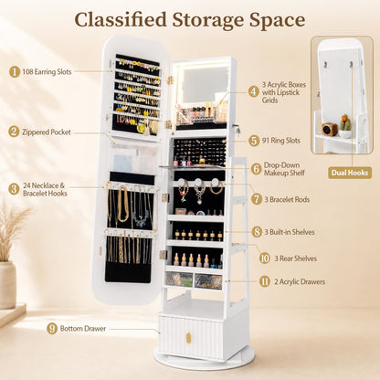 360° Swivel Jewelry Cabinet, Full-Length Mirror, Dual Hooks, White Jewelry Armoires at Gallery Canada