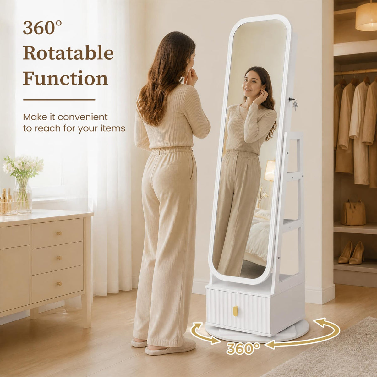 360° Swivel Jewelry Cabinet, Full-Length Mirror, Dual Hooks, White Jewelry Armoires at Gallery Canada