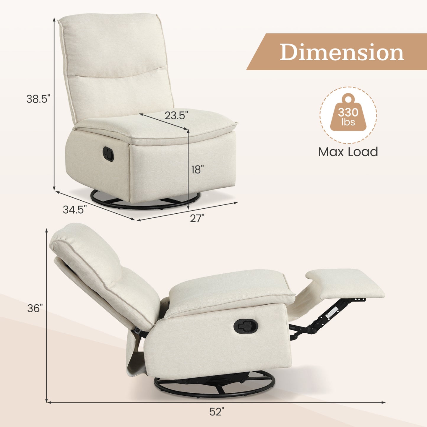 360° Swivel Rocking Chair, Cushioned Back, Living Room, Beige Recliners at Gallery Canada