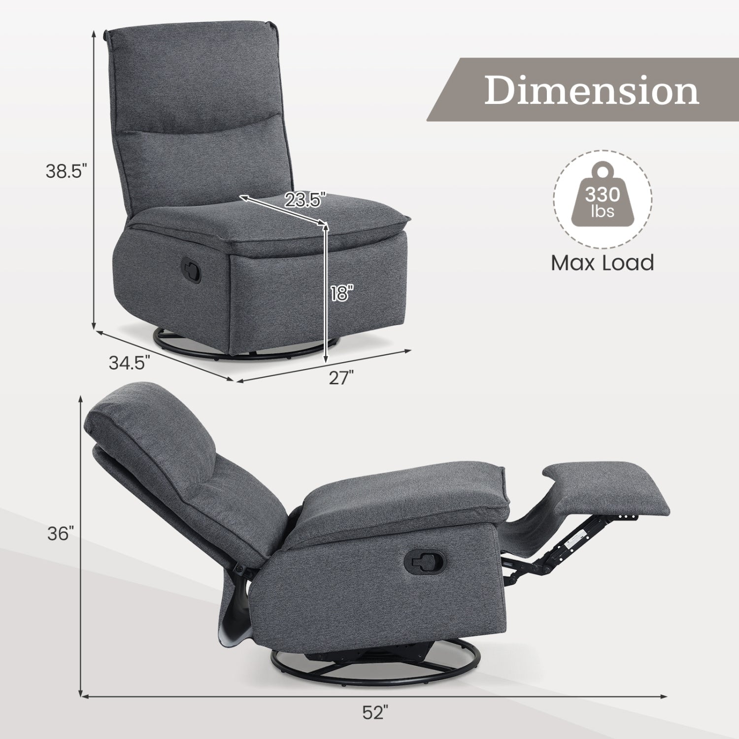 360° Swivel Rocking Chair, Cushioned Back, Gray Recliners at Gallery Canada