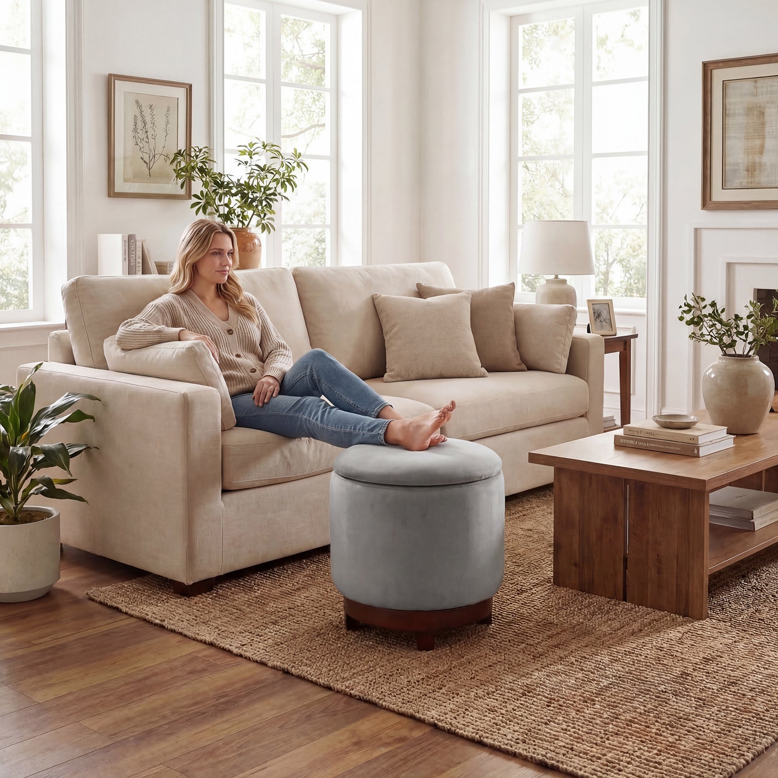 360° Swivel Velvet Foot Rest, Hidden Storage, Gray Ottomans at Gallery Canada