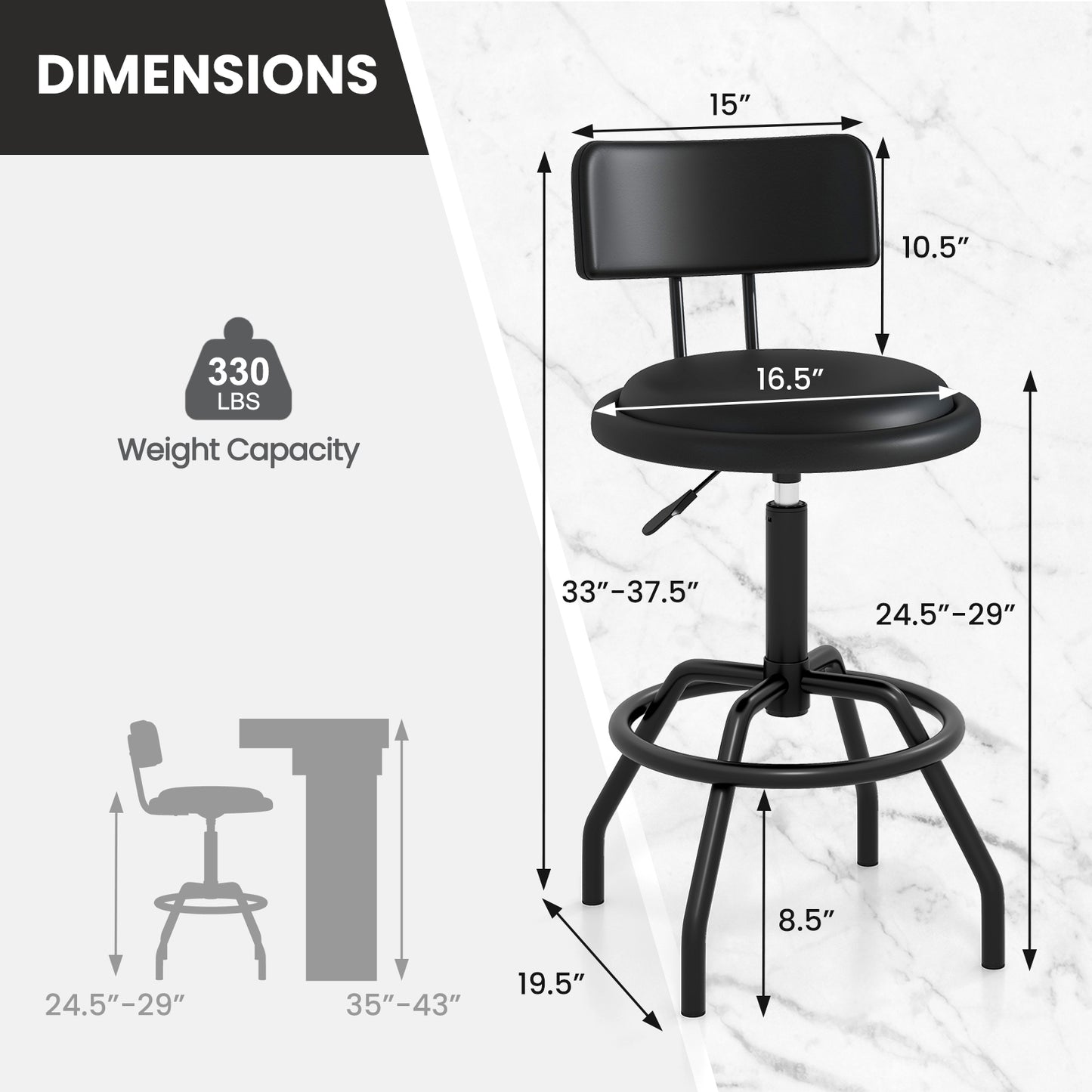 Set of 1/2 360° Swivel Counter Height Barstool with Padded Seat and Back-1 Piece, Black Bar Stools at Gallery Canada