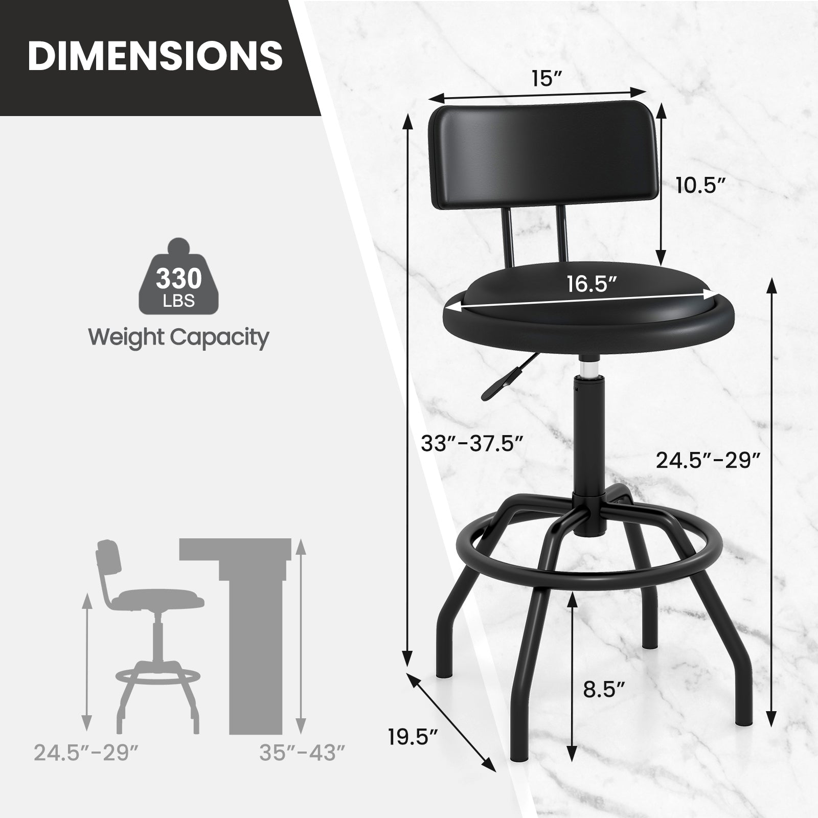 Set of 1/2 360° Swivel Counter Height Barstool with Padded Seat and Back-1 Piece, Black Bar Stools at Gallery Canada