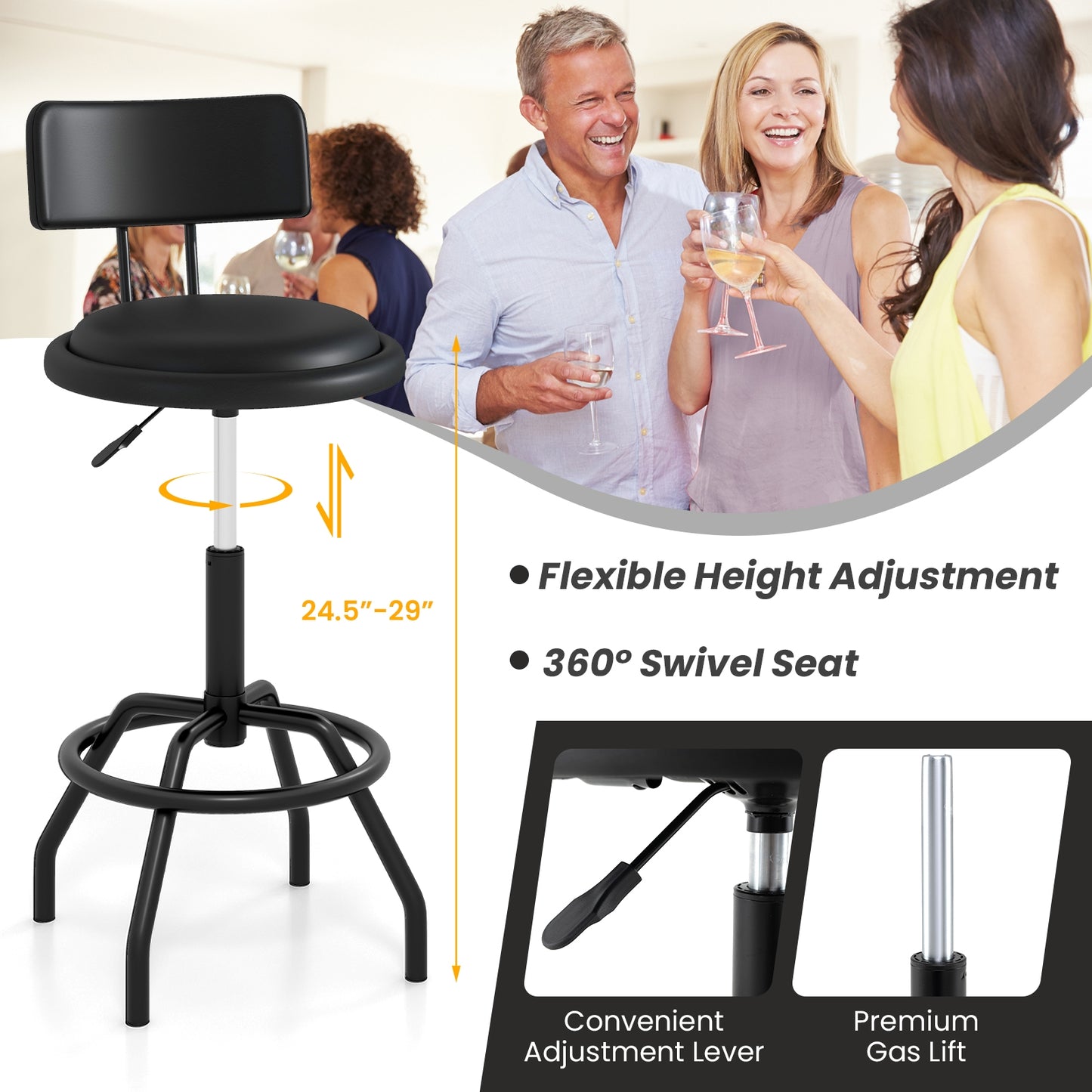 Set of 1/2 360° Swivel Counter Height Barstool with Padded Seat and Back-2 Pieces, Black Bar Stools at Gallery Canada