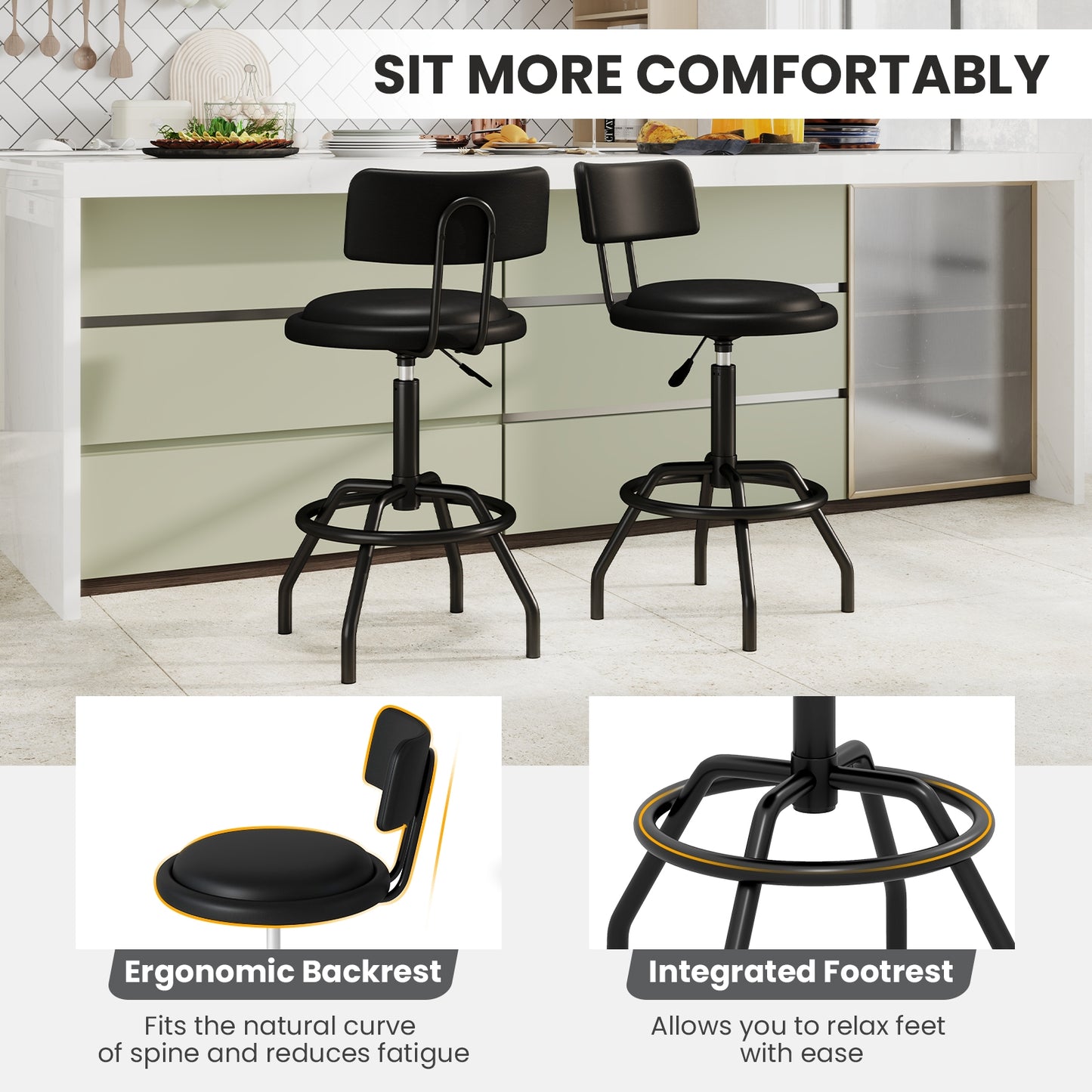 Set of 1/2 360° Swivel Counter Height Barstool with Padded Seat and Back-2 Pieces, Black Bar Stools at Gallery Canada