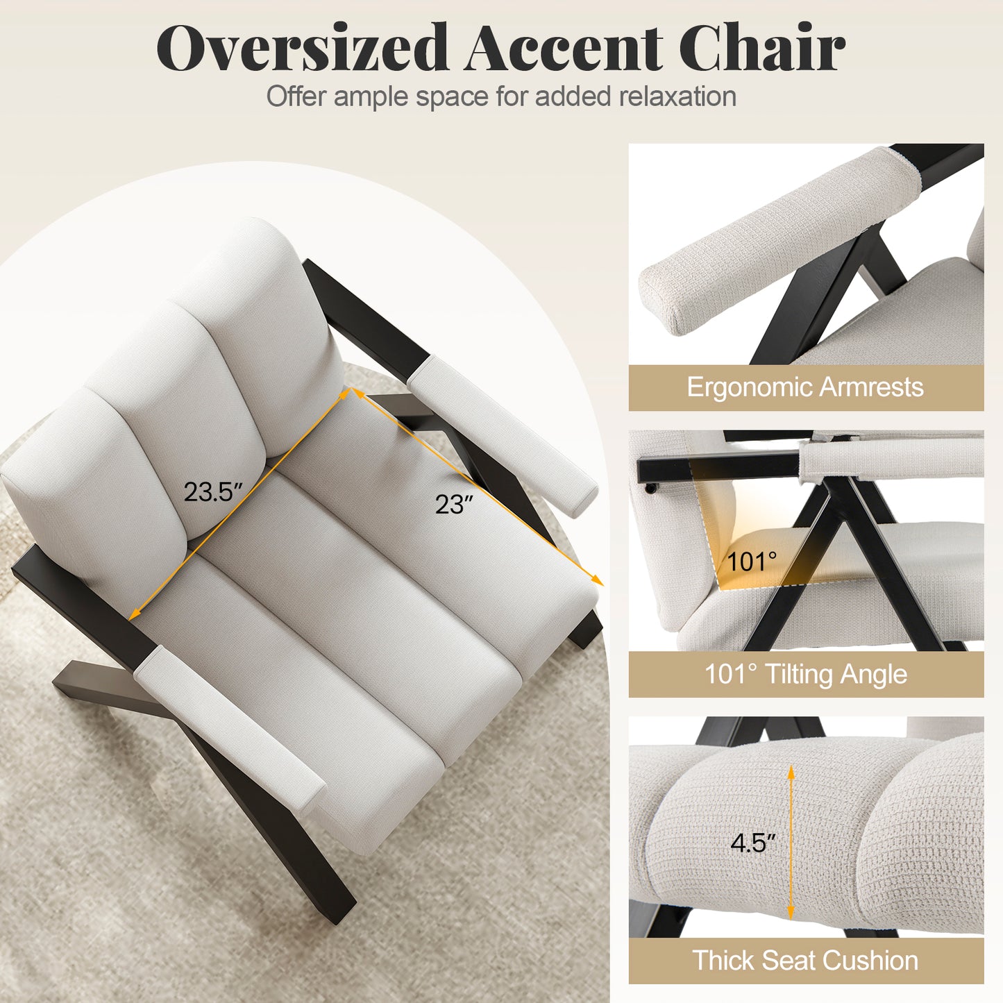 Oversized Accent Chair, Metal Frame, Armrests, Beige Accent Chairs at Gallery Canada