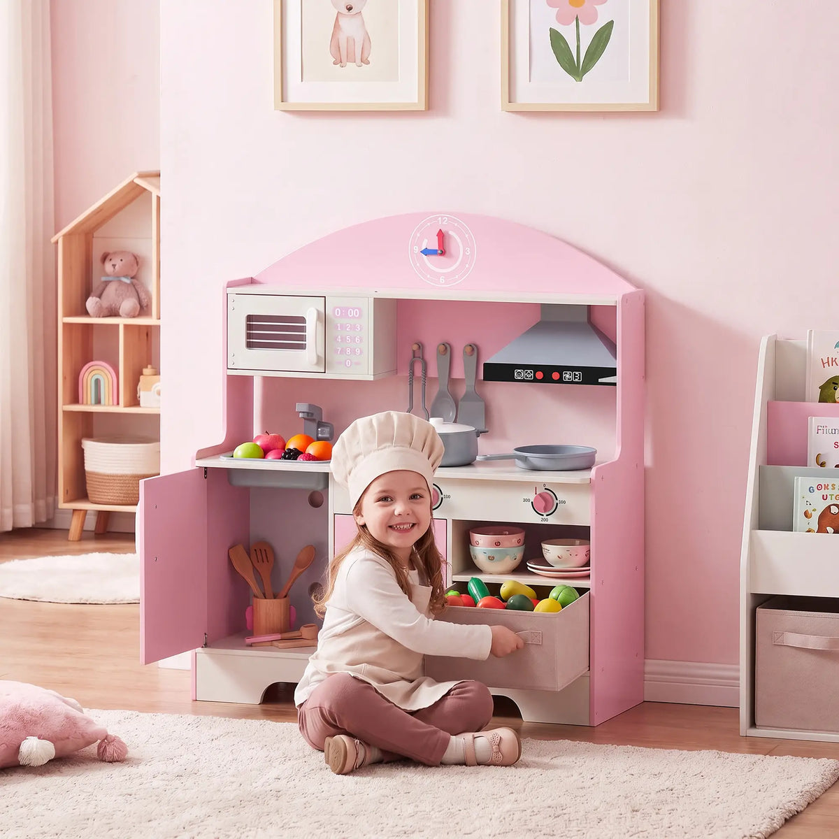 Kids Wooden Play Kitchen Set, Lights Sounds, 5pcs, Ages 3-6, Pink