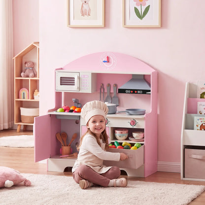 Kids Wooden Play Kitchen Set, Lights Sounds, 5pcs, Ages 3-6, Pink