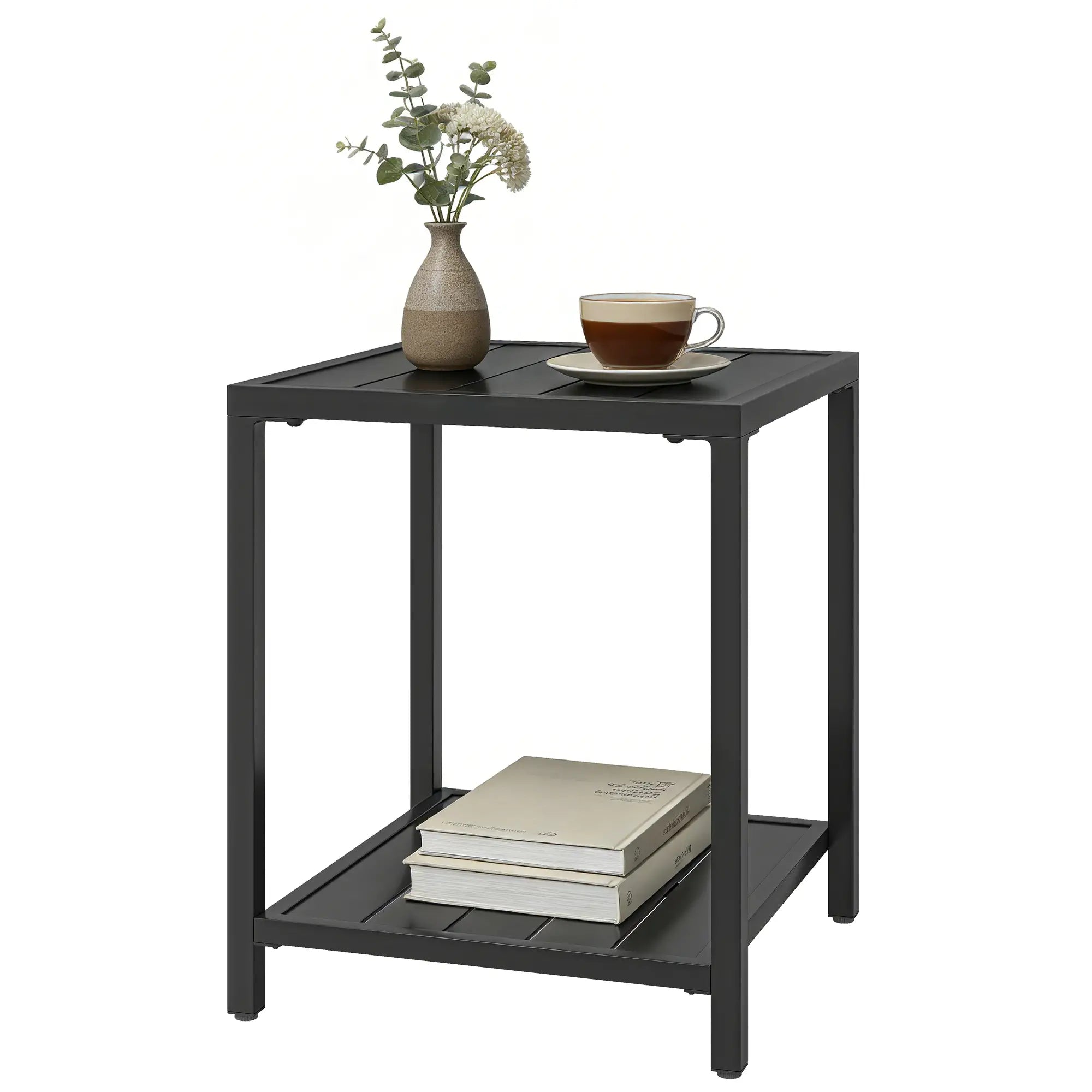 Outdoor Coffee Table, 2-Tier With Storage Shelf, Adjustable Feet, Black Patio Side Tables Black at Gallery Canada