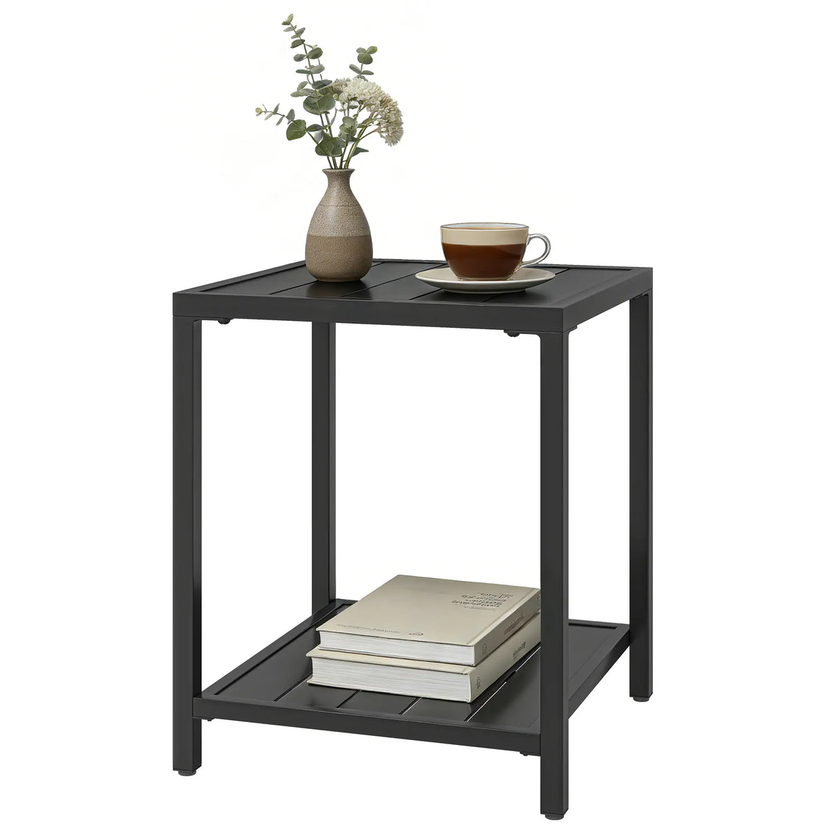 Outdoor Coffee Table, 2-Tier With Storage Shelf, Adjustable Feet, Black Patio Side Tables Black at Gallery Canada