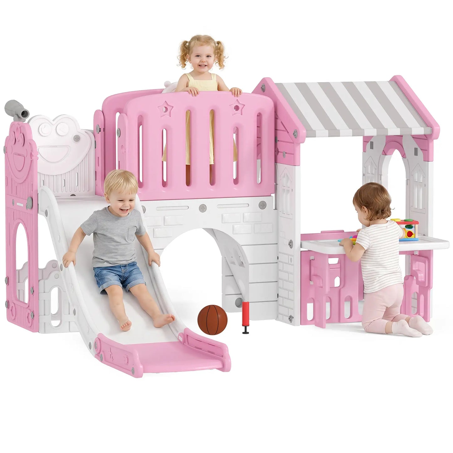 7-in-1 Toddler Slide Climber Playset with Playhouse and Basketball Hoop, Pink Gym Sets & Swings at Gallery Canada
