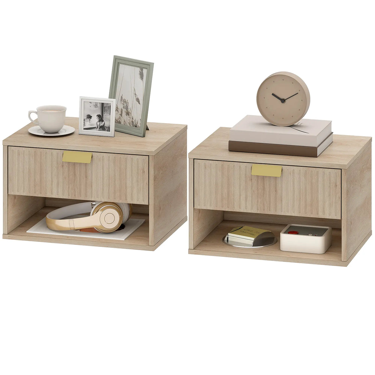 Set of 2 Wall Mounted Bedside Tables, Oak Floating Nightstands, Oak