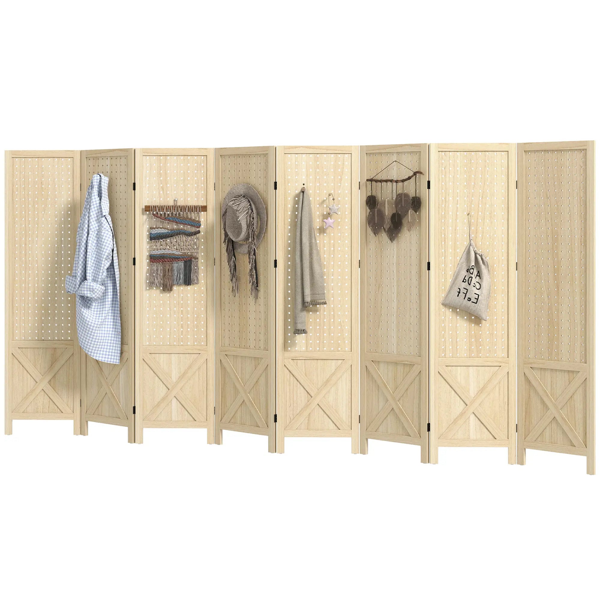 Wooden Room Divider With Pegboard Display, 8 Panel Folding Privacy Screen, Natural Wood Room Dividers Natural at Gallery Canada
