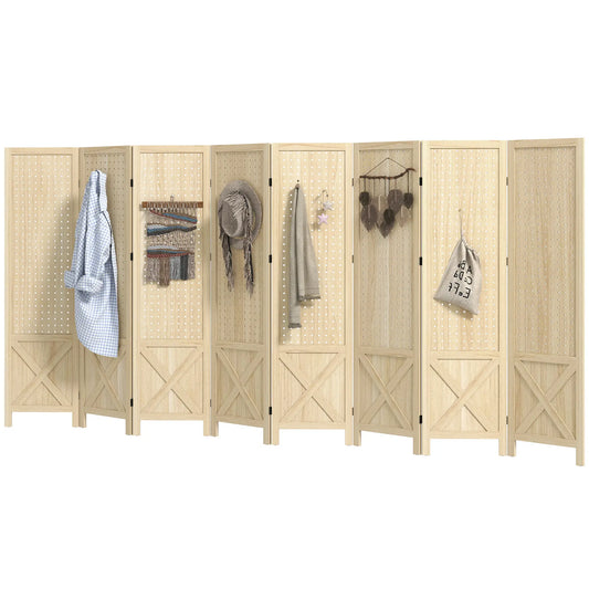 Wooden Room Divider With Pegboard Display, 8 Panel Folding Privacy Screen, Natural Wood Room Dividers Natural at Gallery Canada