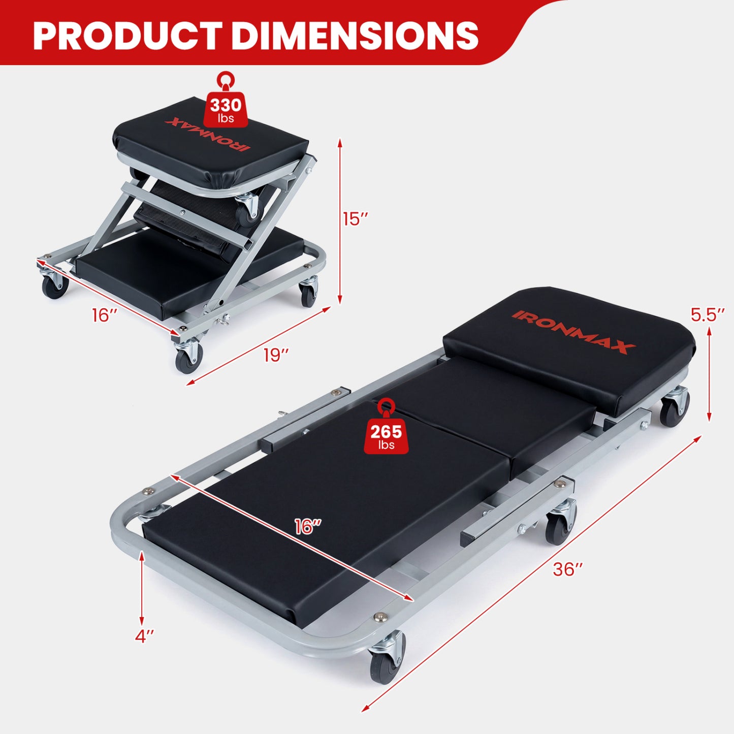 36" 2-in-1 Mechanic Creeper and Z-Seat, Black & Gray
