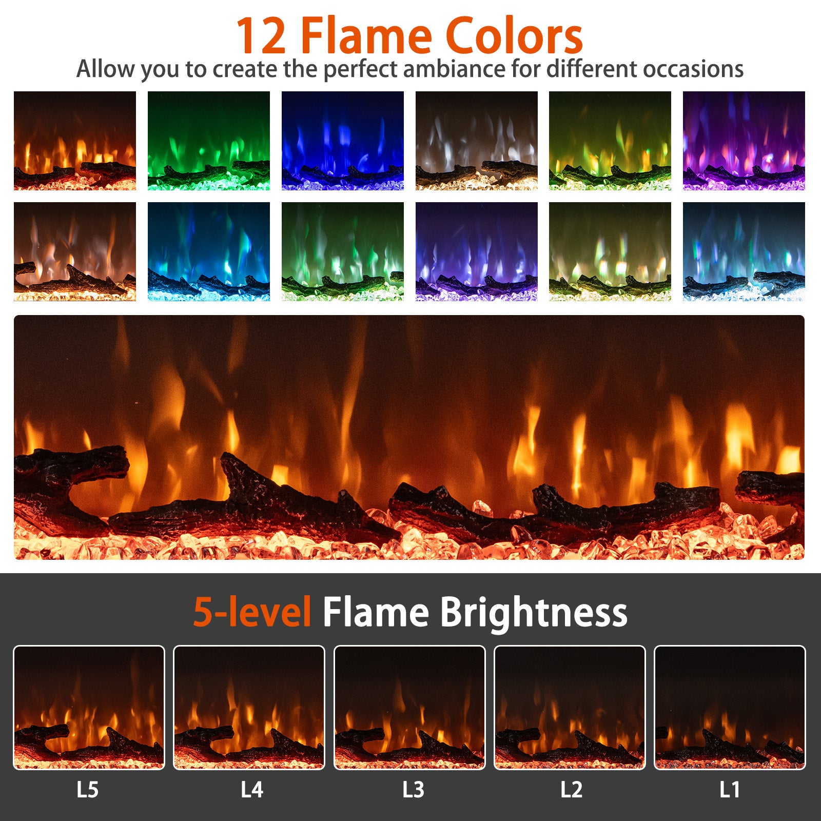 36/40/50/60 Inch Wide 3-Sided Electric Fireplace Insert with Remote Control and 12 Flame Colors-36 Inch Appliances at Gallery Canada